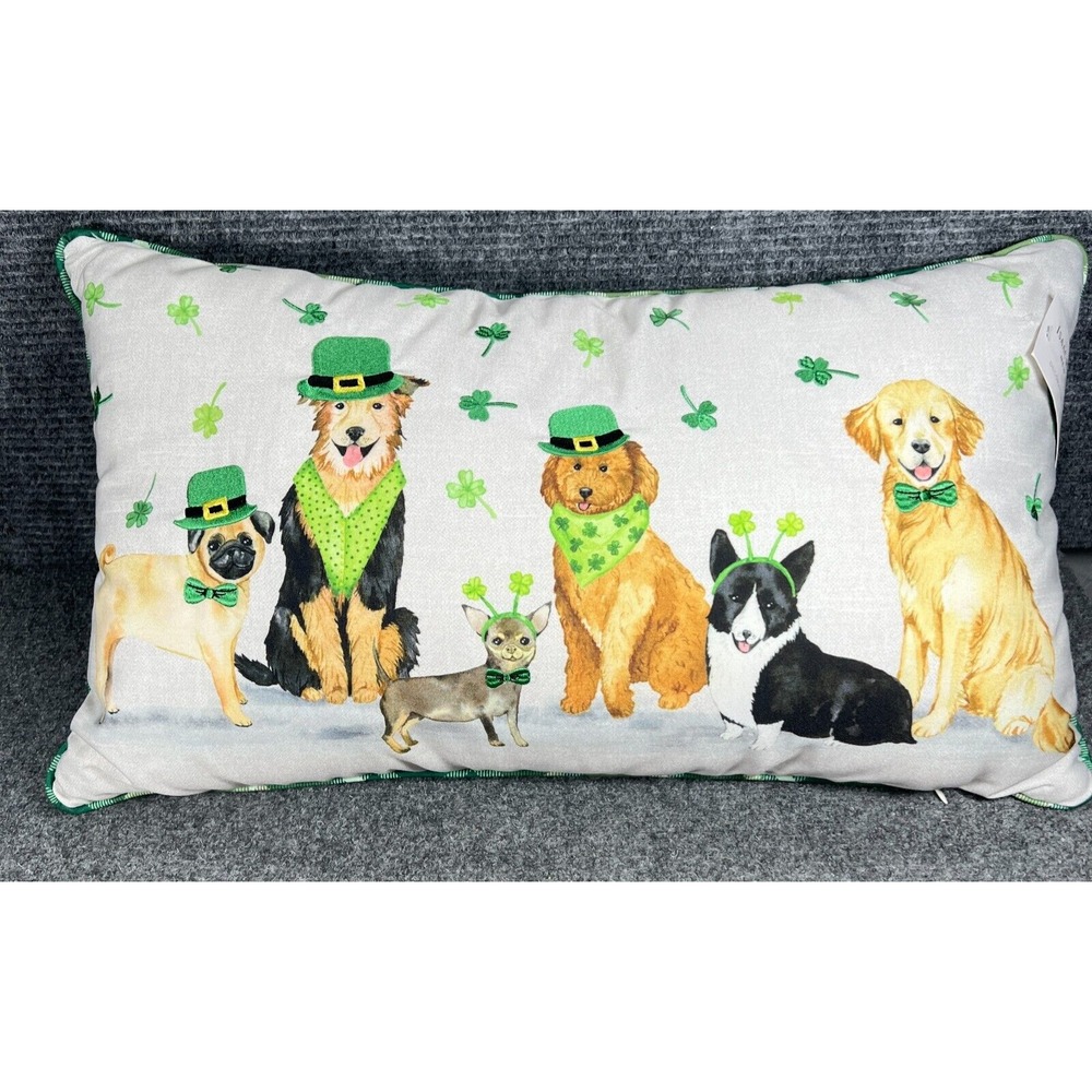 St. Patricks Day Dog Pillow 22" Embroidered Isaac Mizrahi Green Plaid New